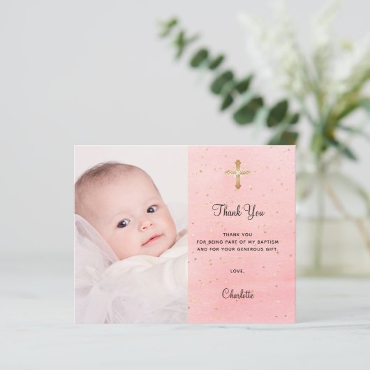 Begroting baptisme roze goudsparken foto bedankt (Staand voorkant)