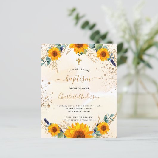 Begroting baptisme zonnebloemen eucalyptusgoud gli (Staand voorkant)