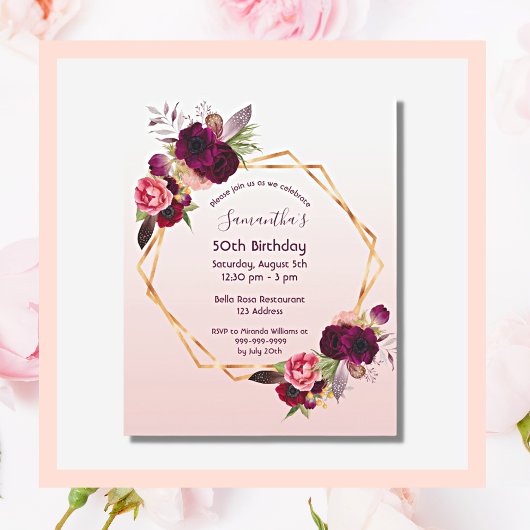Begroting Birthday florals roos gouduitnodiging