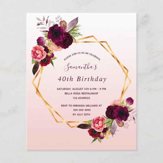 Begroting Birthday florals roos gouduitnodiging (Voorkant)