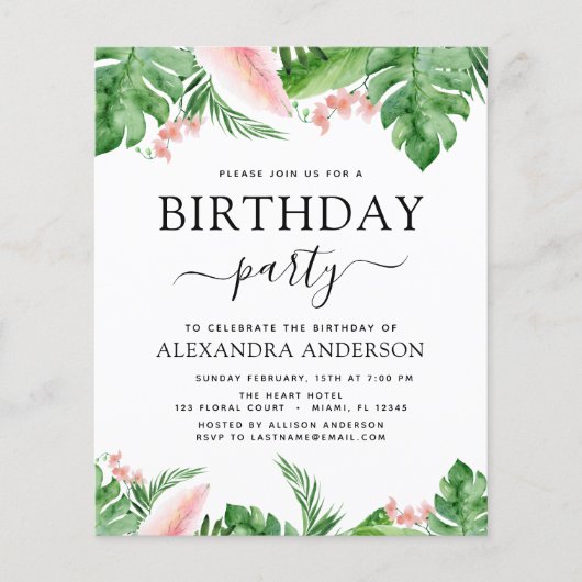 Begroting Birthday Party Tropical Palm Floral Flyer (Voorkant)