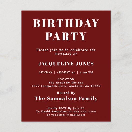 Begroting Birthday Uitnodiging rood wit Flyer (Achterkant)