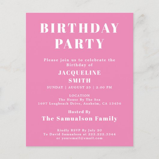 Begroting Birthday Uitnodiging roze Wit Flyer (Achterkant)