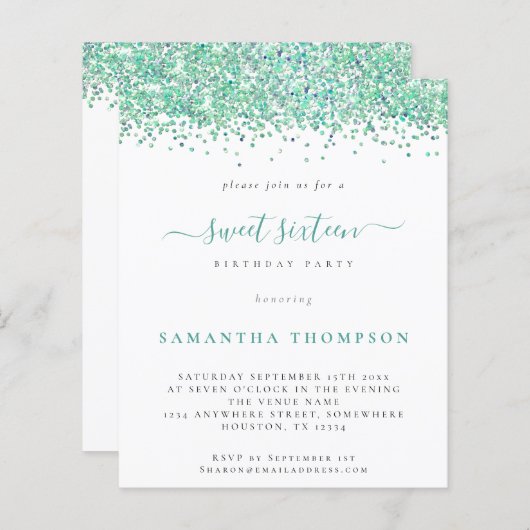 Begroting Blauwgroen uitnodiging Glitter Sweet Six (Voorkant / Achterkant)