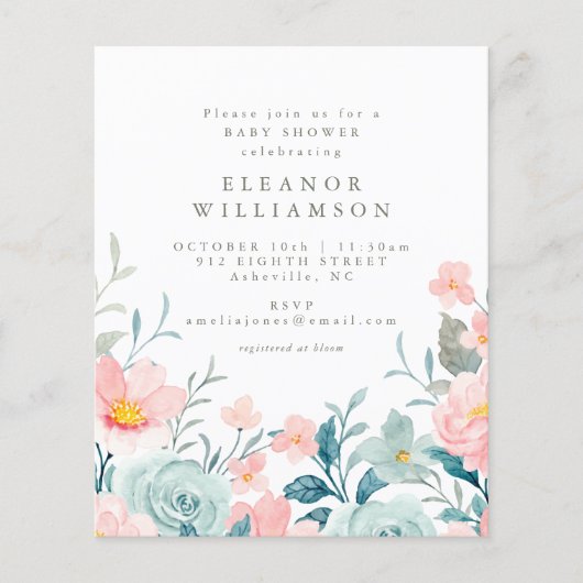 Begroting Blauwgroen Waterverf Floral Baby shower  (Voorkant)