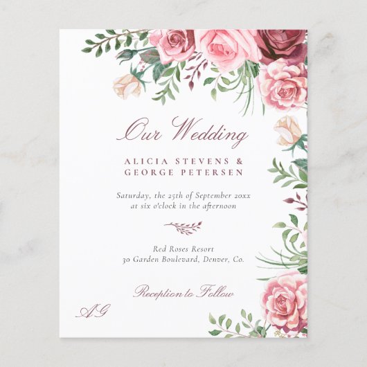 Begroting blush bogundy elegant bruiloft uitnodigi (Voorkant)