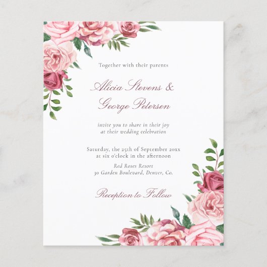 Begroting blush burgundy florale bruiloft uitnodig (Voorkant)