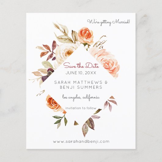 Begroting Blush & Peach Floral Rustic Save the Dat Flyer (Voorkant)