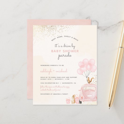 Begroting Blush Pink-ballonauto's op Baby shower (Voorkant / Achterkant in situ)