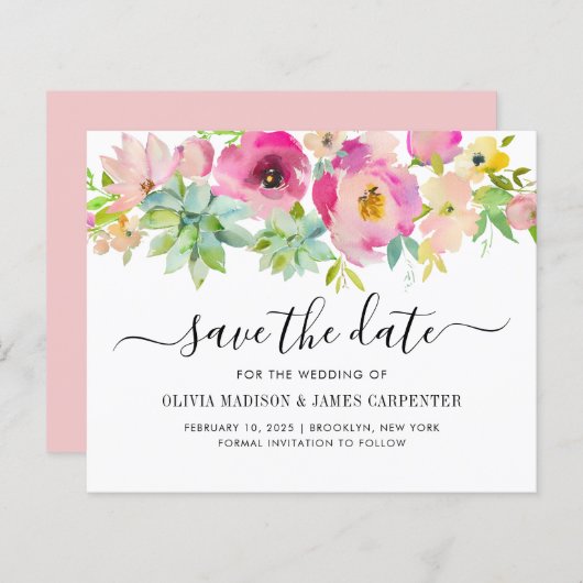Begroting Blush Pink Succulent Floral Save the Dat (Voorkant / Achterkant)
