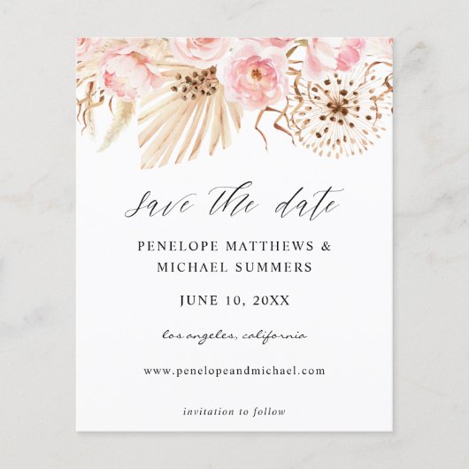 Begroting Bohemian Pink Floral Save the Date Flyer (Voorkant)