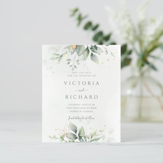 Begroting Botanical Gold Greenery Save the Date (Staand voorkant)
