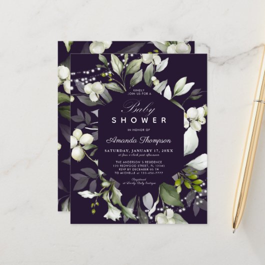 Begroting Botanisch | Uitnodiging Paars Baby showe (Voorkant / Achterkant in situ)