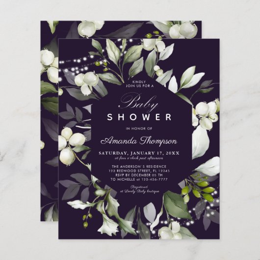 Begroting Botanisch | Uitnodiging Paars Baby showe (Voorkant / Achterkant)
