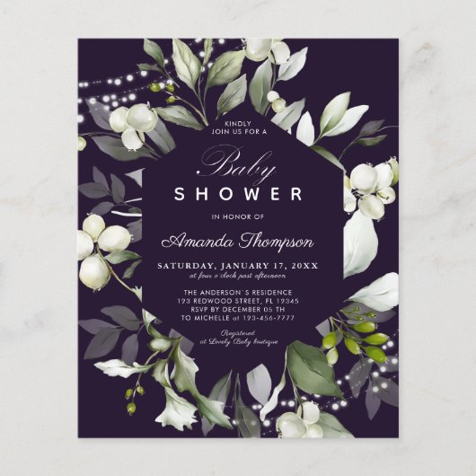 Begroting Botanisch | Uitnodiging Paars Baby showe (Voorkant)