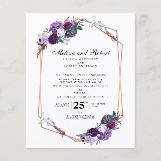 Begroting Botanische Paarse Floral Geometric Weddi (Voorkant)