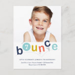Begroting Bounce Kids Birthday Party Uitnodiging Briefkaart<br><div class="desc">Een uitnodiging van een moderne verjaardagsfeestdag met kleurrijke stuittypografie en persoonlijke leeftijd en foto's. Klik uitgeven knoop om dit ontwerp aan te passen.</div>