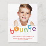 Begroting Bounce Kids Birthday Party Uitnodiging Briefkaart<br><div class="desc">Een uitnodiging van een moderne verjaardagsfeestdag met kleurrijke stuittypografie en persoonlijke leeftijd en foto's. Klik uitgeven knoop om dit ontwerp aan te passen.</div>