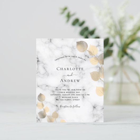 Begroting bruiloft eucalyptus marmer gouden uitnod (Staand voorkant)