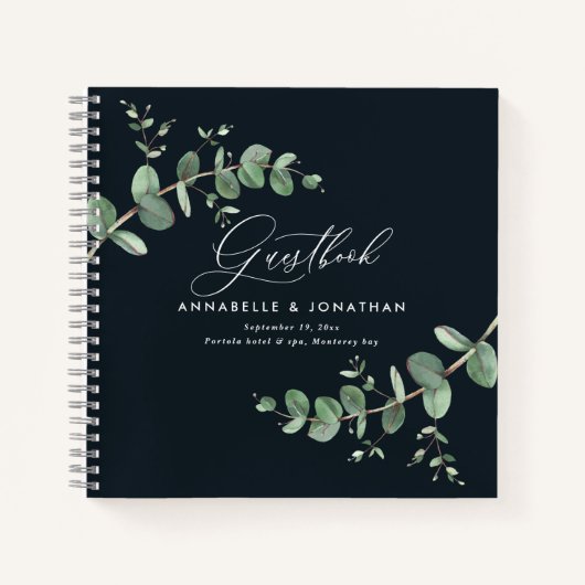 Begroting bruiloft eucalyptus rustige zwarte bezoe notitieboek (Voorkant)