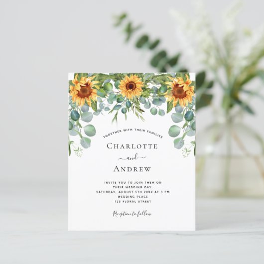 Begroting bruiloft zonnebloemen eucalyptus rode wi (Staand voorkant)