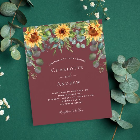 Begroting bruiloft zonnebloemen eucalyptus rode wi