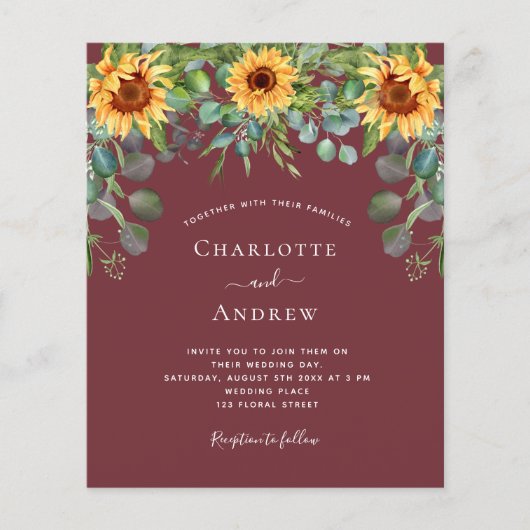 Begroting bruiloft zonnebloemen eucalyptus rode wi (Voorkant)