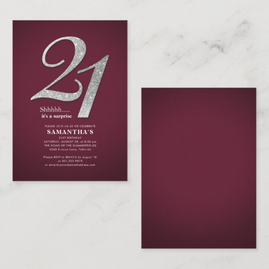 Begroting Burgundy 21st Birthday Modern Glitter Notitiekaartje (Voorkant / Achterkant)