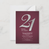 Begroting Burgundy 21st Birthday Modern Glitter Notitiekaartje (Voorkant)
