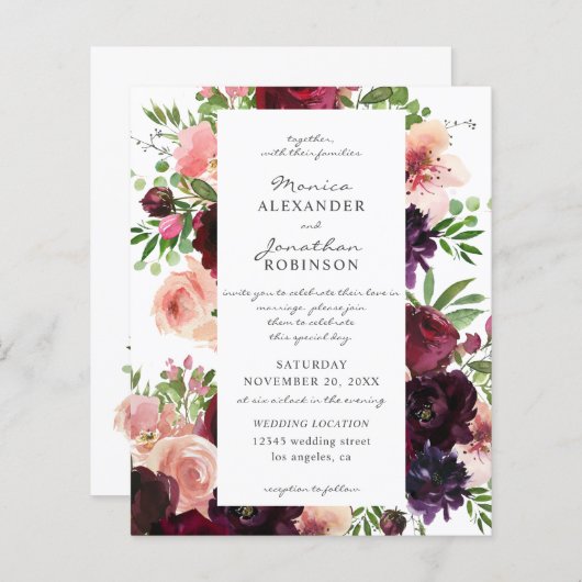 Begroting Burgundy & Blush Floral Weddenschap op w (Voorkant / Achterkant)