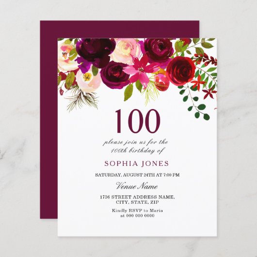 Begroting Burgundy Flowers 100th Birthday Invitati (Voorkant / Achterkant)