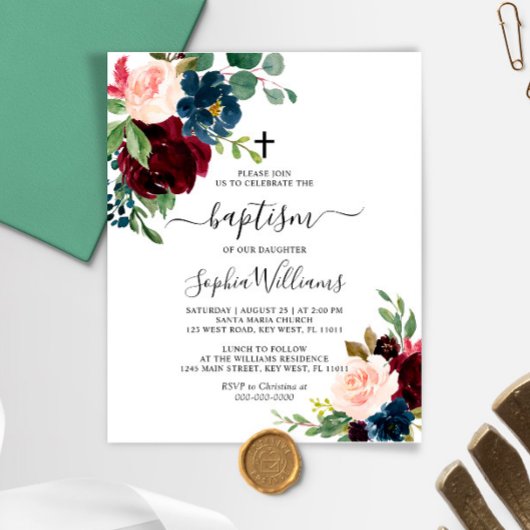 Begroting Burgundy & Navy Floral Baptism Uitnodigi