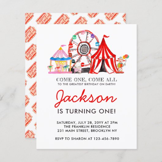 Begroting Carnival Circus Partij Birthday uitnodig (Voorkant / Achterkant)