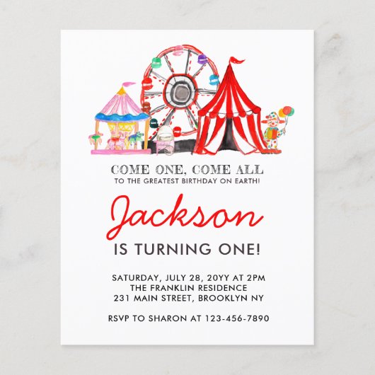 Begroting Carnival Circus Partij Birthday uitnodig (Voorkant)