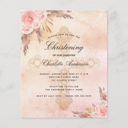 Begroting Christening blush roos pampasgraskruis (Voorkant)