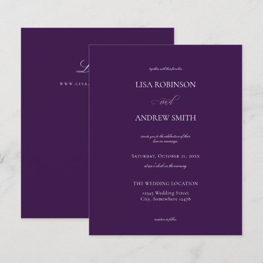 Begroting donkere Paarse kalligrafie bruiloft (Voorkant / Achterkant)