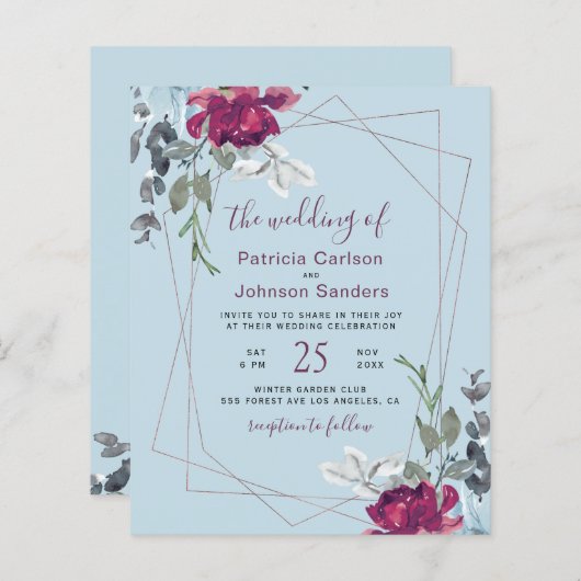 Begroting dusty blue burgundy chic bruiloft (Voorkant / Achterkant)