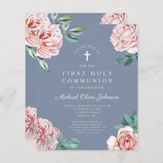 Begroting Dusty Blue Floral Peonies First Communit (Voorkant / Achterkant)