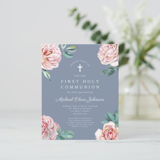 Begroting Dusty Blue Floral Peonies First Communit (Staand voorkant)