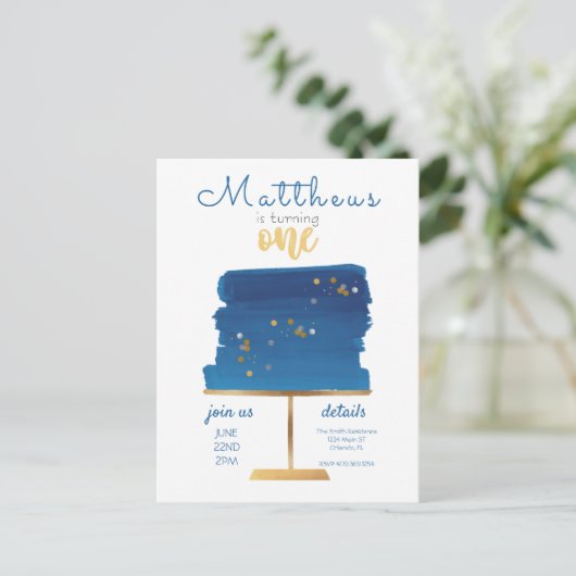 Begroting | Eerste verjaardag blauw, zilver en gou Briefkaart (Staand voorkant)