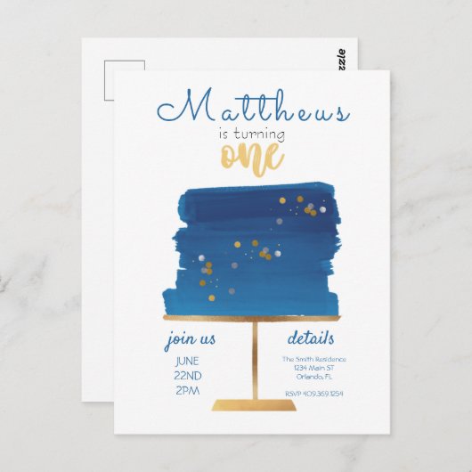 Begroting | Eerste verjaardag blauw, zilver en gou Briefkaart (Voorkant / Achterkant)