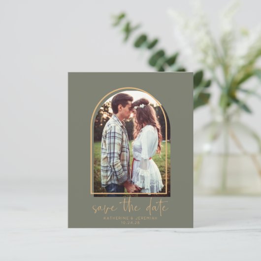 Begroting Elegant Arch Green Gold Save the Date (Staand voorkant)
