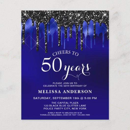 Begroting Elegant Blue Black Glitter Drip 50 Birth (Voorkant)
