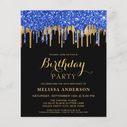Begroting Elegant Blue Gold Glitter Drift Birthday (Voorkant)