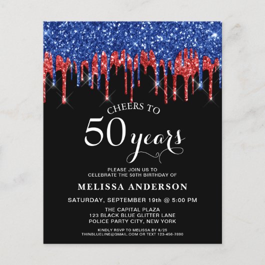 Begroting Elegant Blue Silver Glitter 50 Birthday (Voorkant)