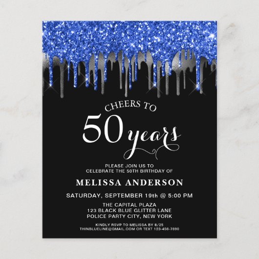 Begroting Elegant Blue Silver Glitter 50 Birthday (Voorkant)