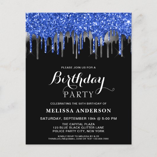 Begroting Elegant Blue Silver Glitter Drift Birthd (Voorkant)