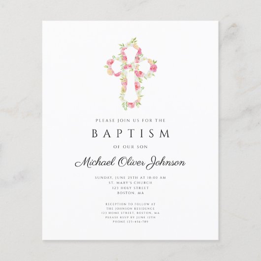 Begroting Elegant Floral Pink Cross Baptisme Invit (Voorkant)