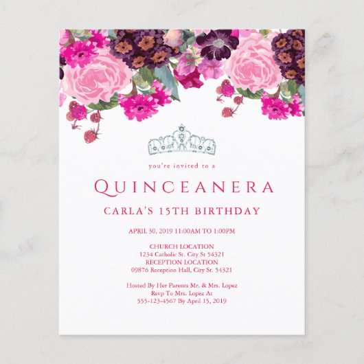 Begroting Elegant Floral Quinceanera Uitnodigingen (Voorkant)