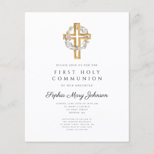 Begroting Elegant Floral Wreath Cross First Commun (Voorkant)